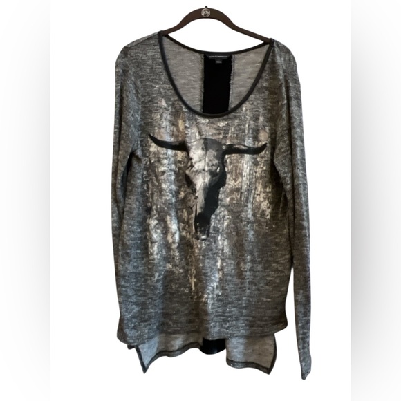 Rock & Republic Gray Bull Skull Graphic Hi-Low Knit Top M Western - Picture 2 of 5